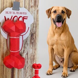 Woof Red Heart Bone Rubber Dog Toy Tug Toss Fetch Medium Large Dogs